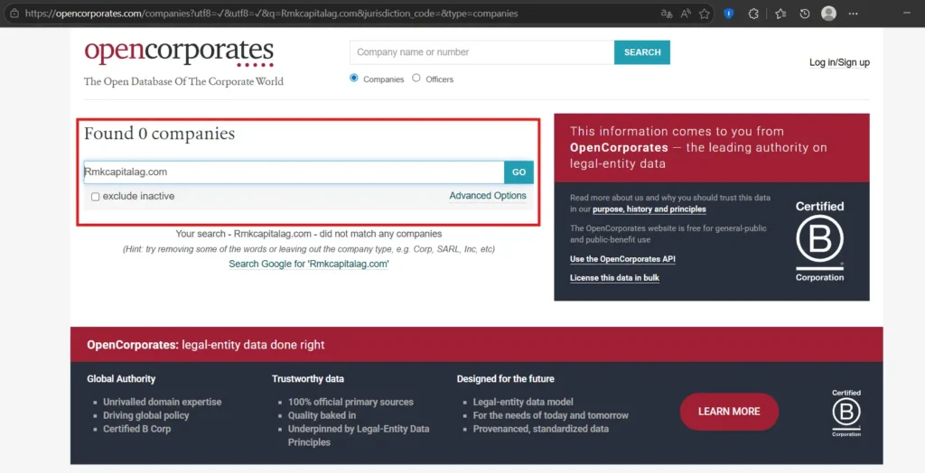 The OpenCorporates database returns “nothing found” for the query rmkcapitalag.com