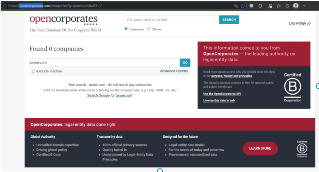 No results found for ‘Axwel.com’ in OpenCorporates database.