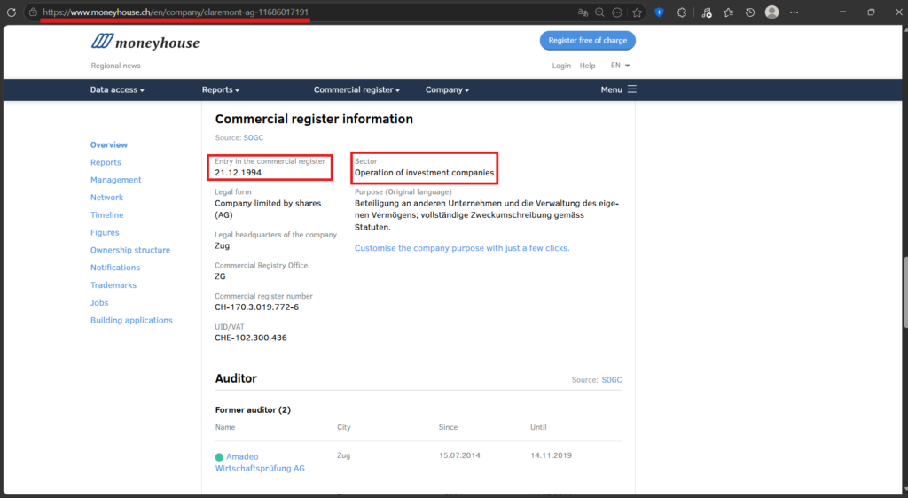 Commercial register screenshot showing Claremont AG company registration details, indicating an older Swiss firm, not a broker
