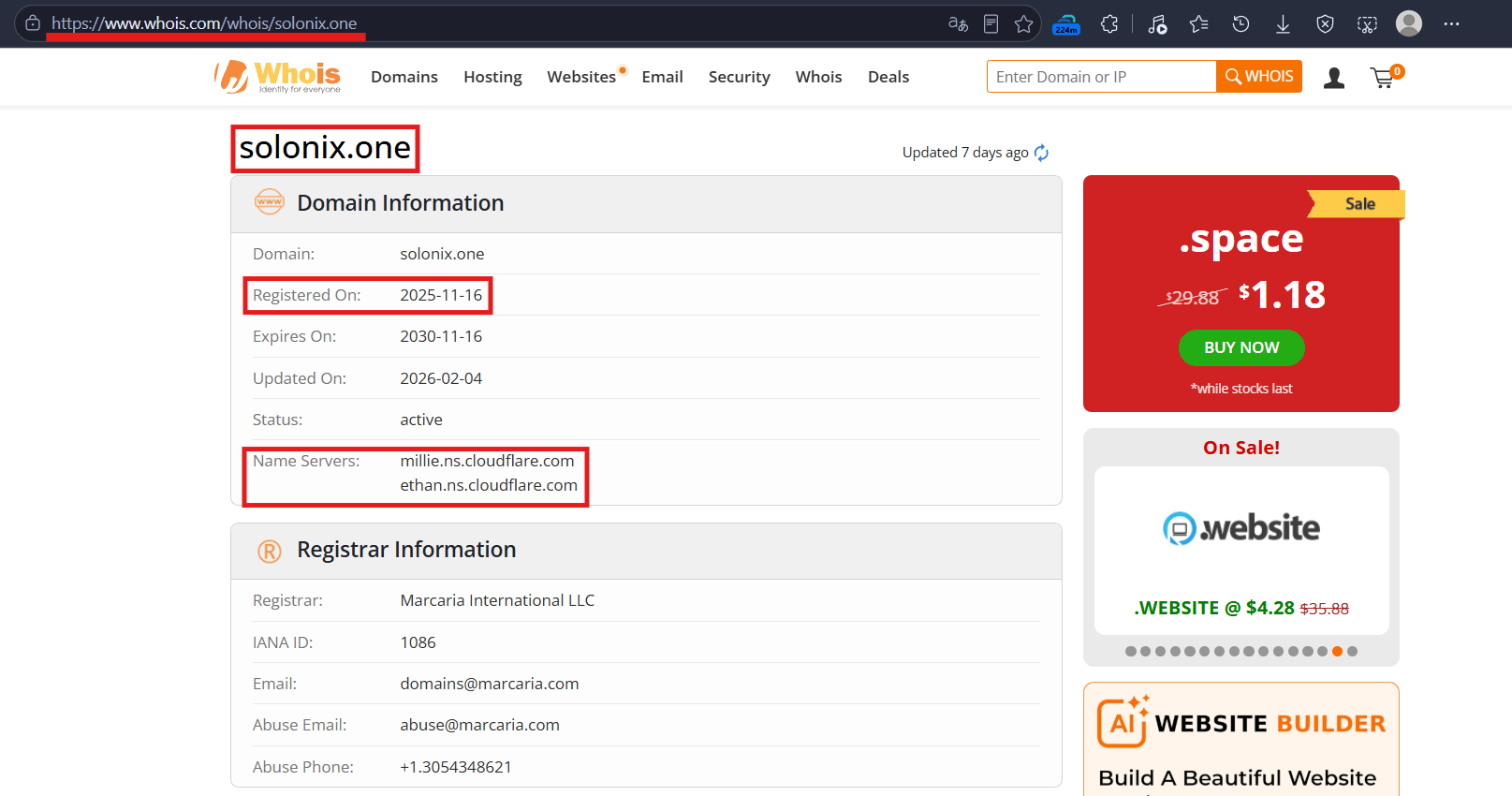 Screenshot of the check of the domain solonix.one in the database WHOIS - OSINT